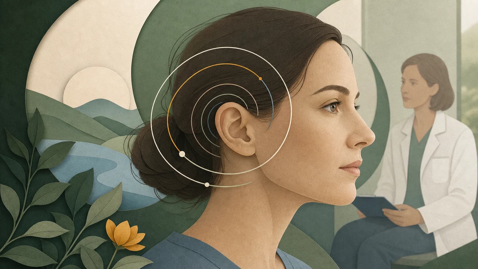 Editorial illustration of a person in profile with an eye and balance motif