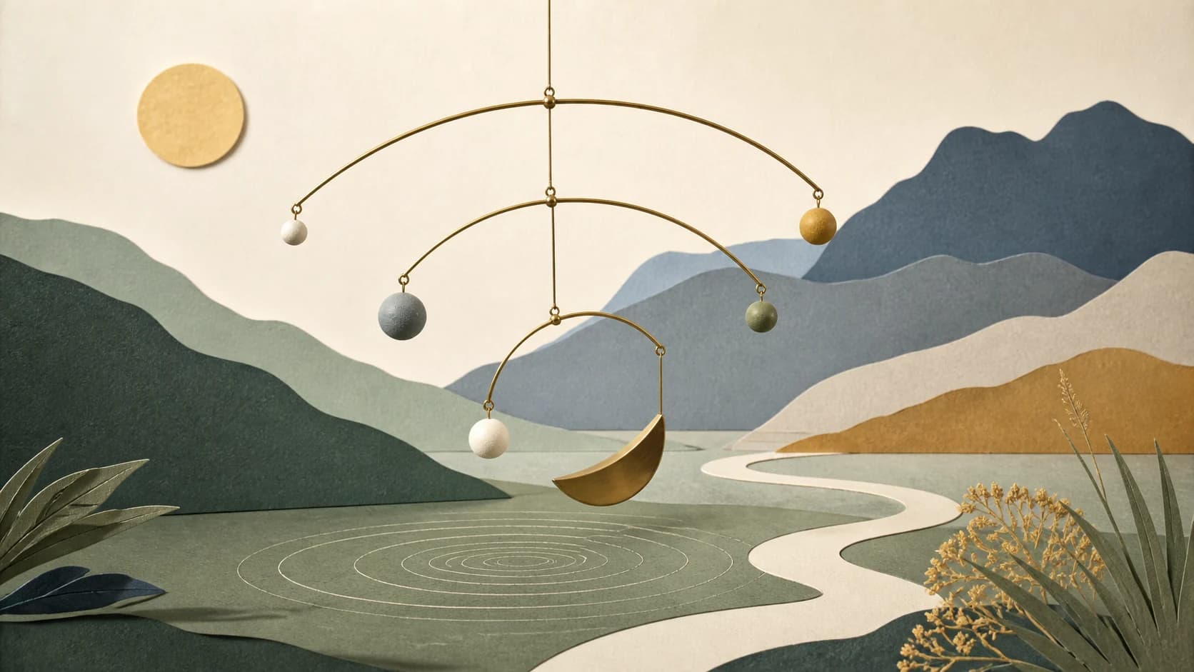 Editorial illustration of a balance mobile above a winding path in a layered high-desert landscape